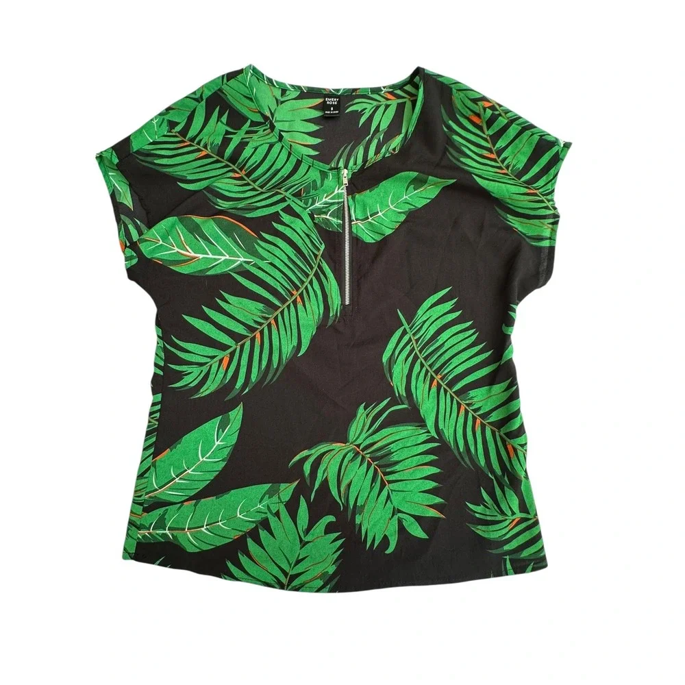 Emery‎ Rose Women's Black Green Palm Leaf Print Top & Pants Set - Size S